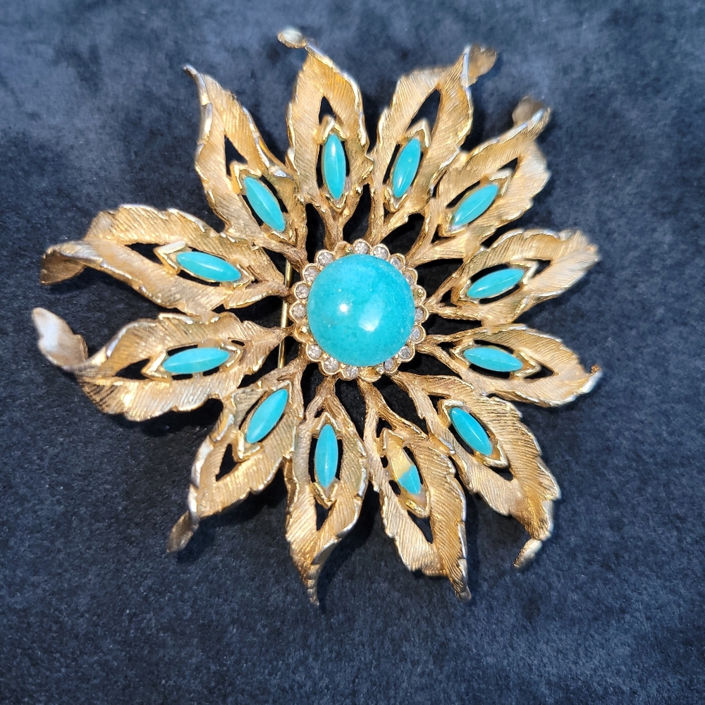 DeNicola Rare Large Brushed Gold and Turquoise Cabochons Brooch